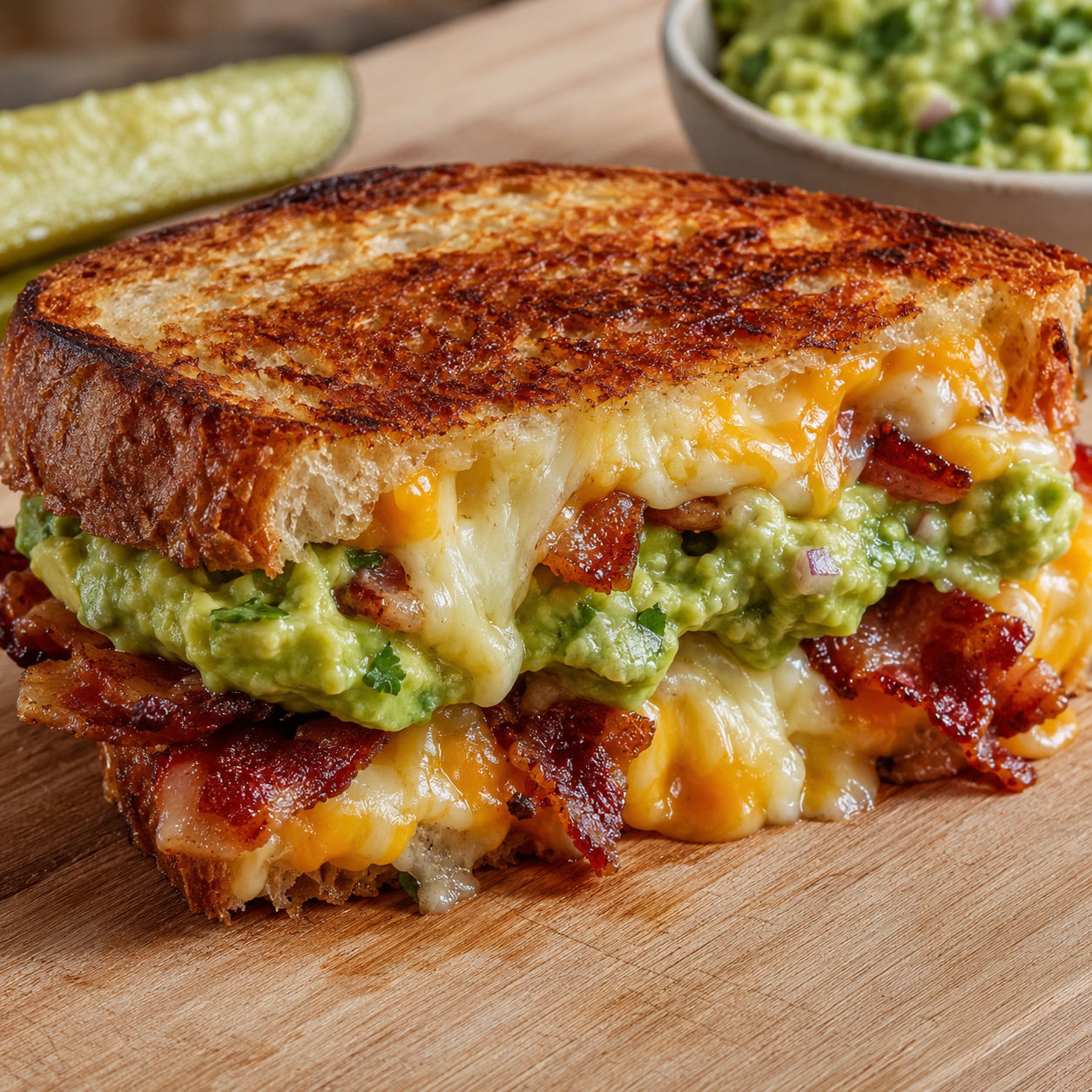 Grilled sourdough sandwich with melted cheese, bacon, and guacamole on a wooden board