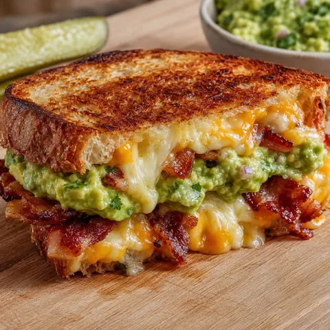 Grilled sourdough sandwich with melted cheese, bacon, and guacamole on a wooden board