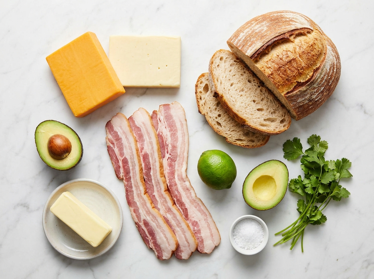Raw sourdough, cheese, bacon, avocado, and lime for a grilled sandwich