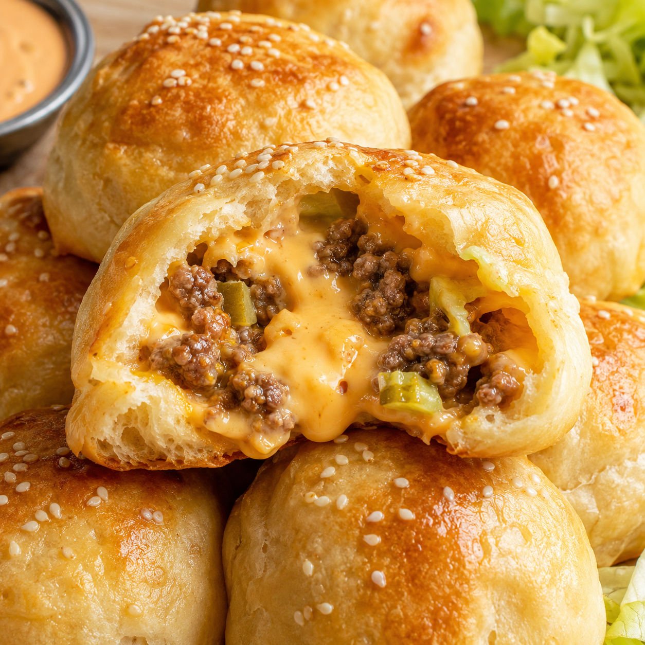 Sesame cheeseburger bombs with melted cheese, pickles, and dipping sauce