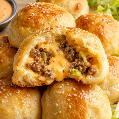 Sesame cheeseburger bombs with melted cheese, pickles, and dipping sauce