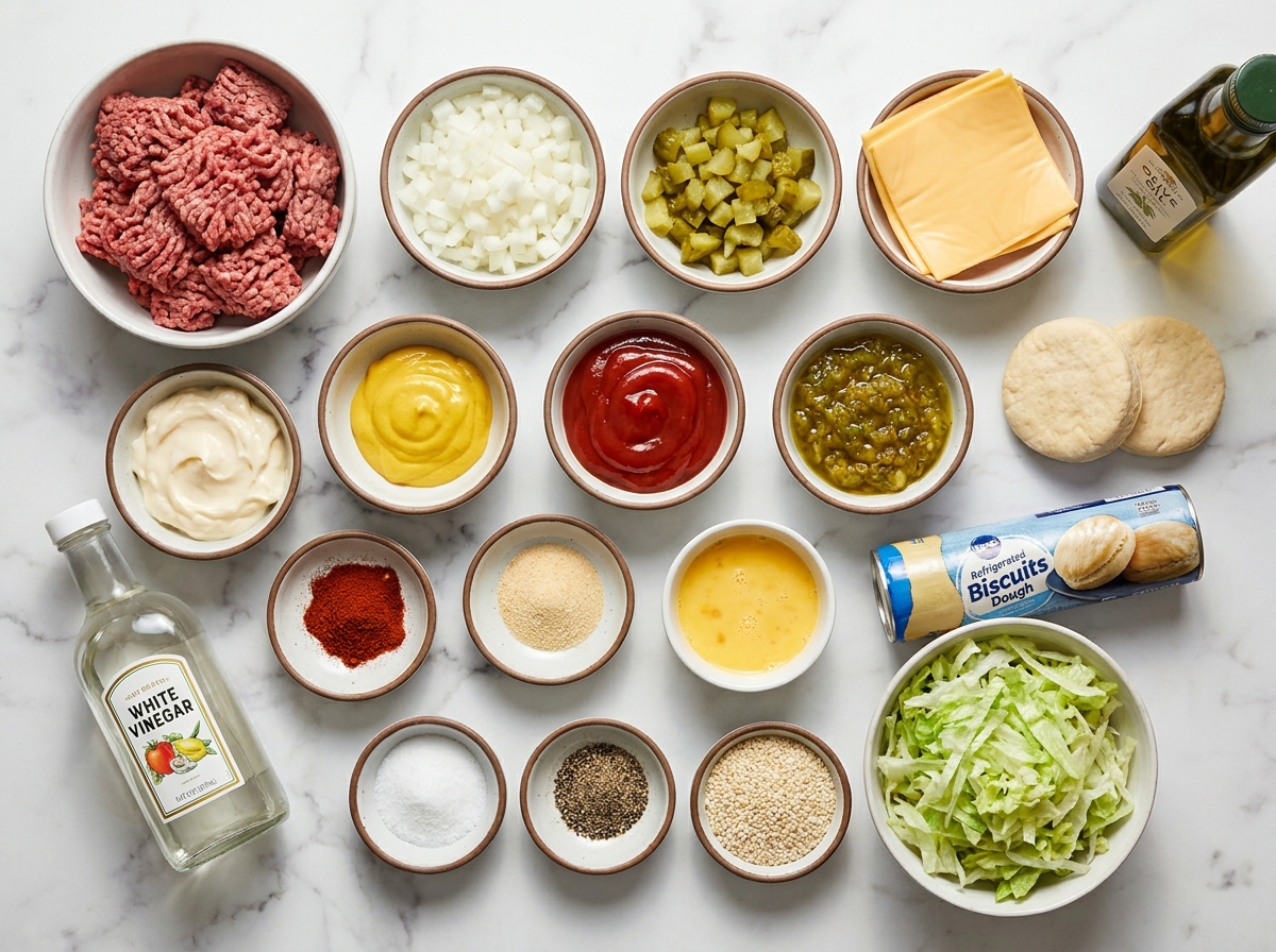 Ingredients for cheeseburger bombs with biscuit dough, beef, cheese, and pickles