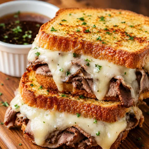 Texas toast French dip with roast beef, melted provolone, and au jus