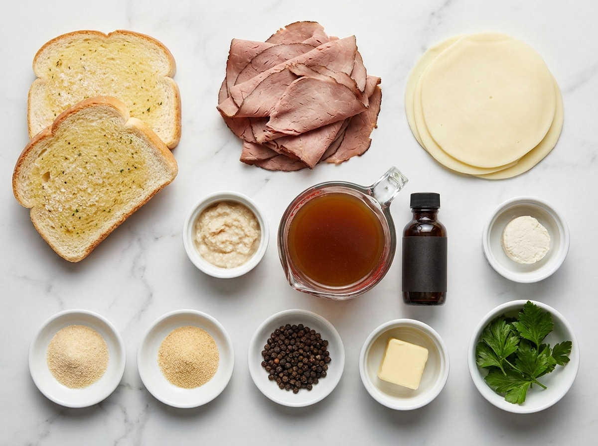 Ingredients for Texas toast French dips with roast beef and provolone