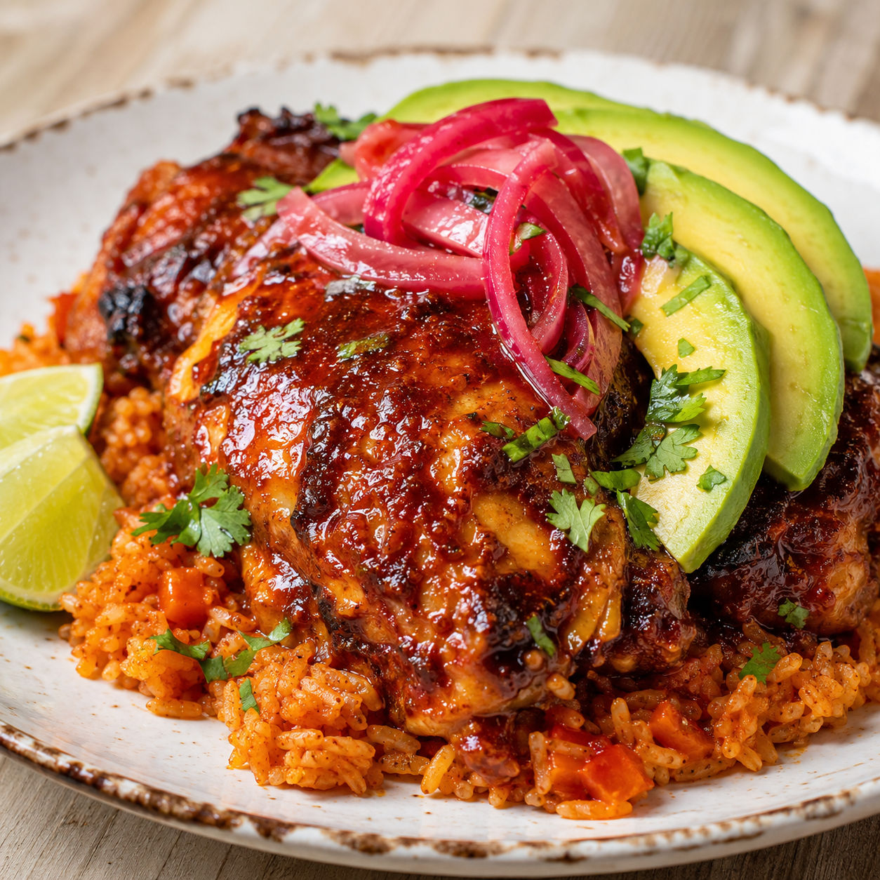 Mexican adobo chicken thighs over rice with avocado and pickled onion