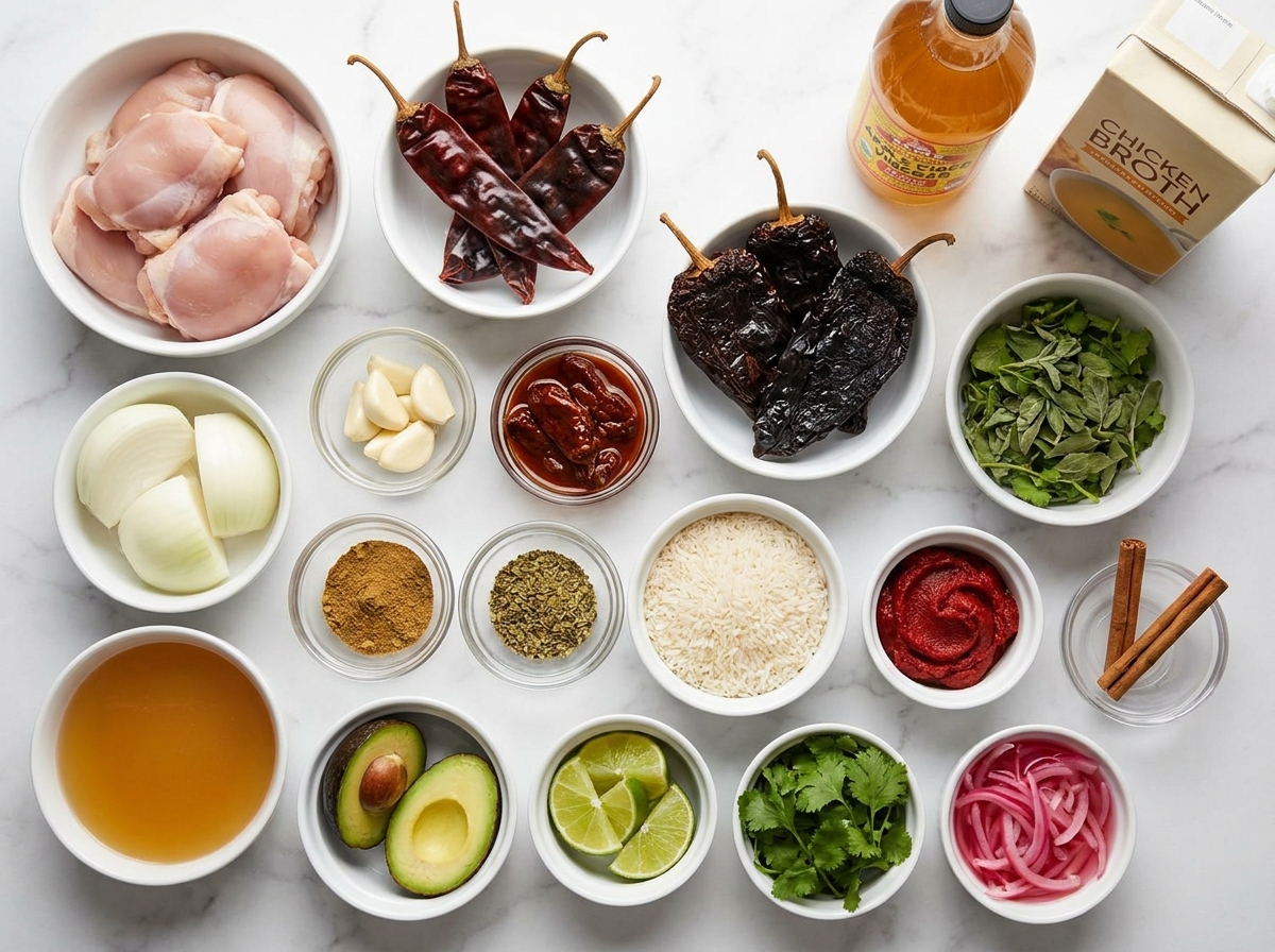 Raw adobo chicken ingredients with dried chiles, rice, avocado, lime, and herbs