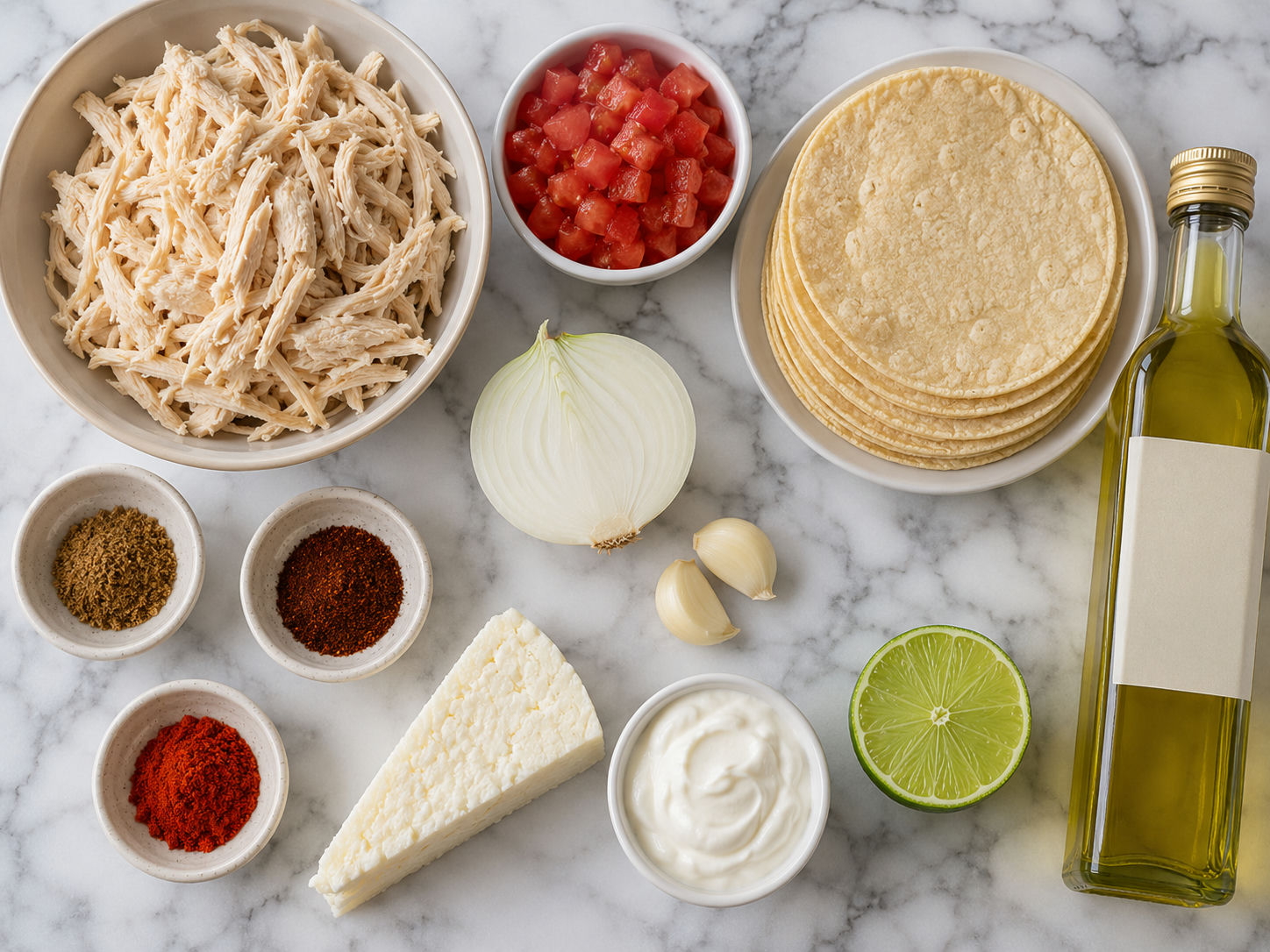 Ingredients for Mexican chicken flautas including corn tortillas, shredded chicken, spices, and cotija cheese on wood