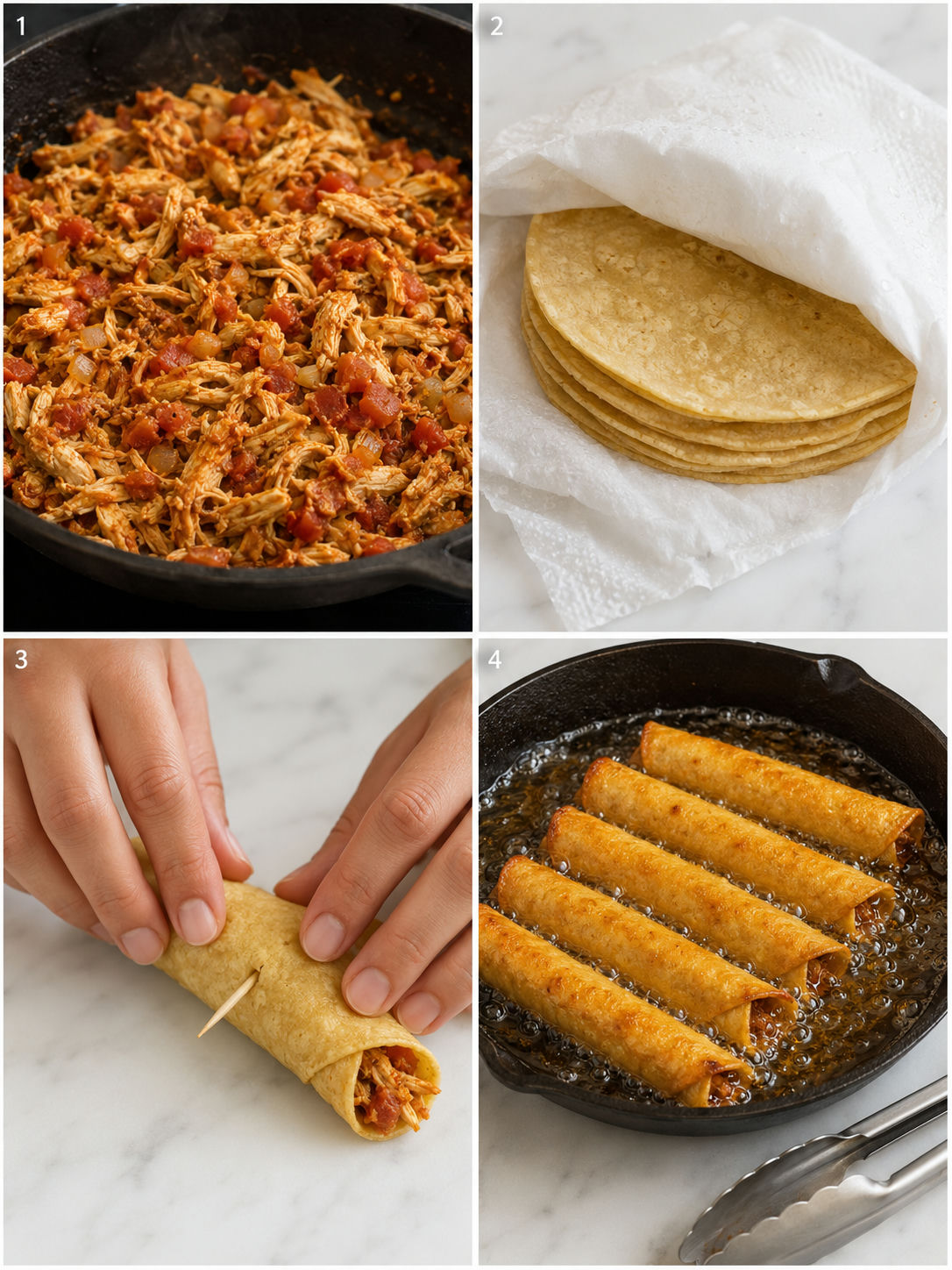 Four cooking steps for Mexican chicken flautas from seasoning the filling to frying until crispy and golden