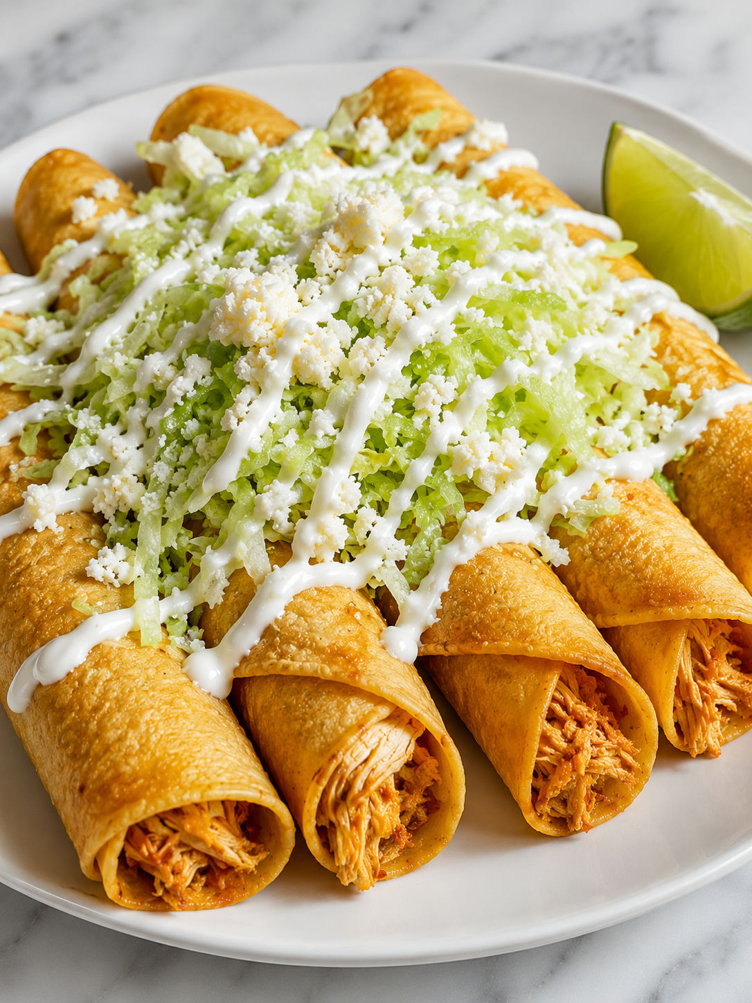 Mexican chicken flautas piled with shredded lettuce, cotija cheese, and sour cream shot from a low angle