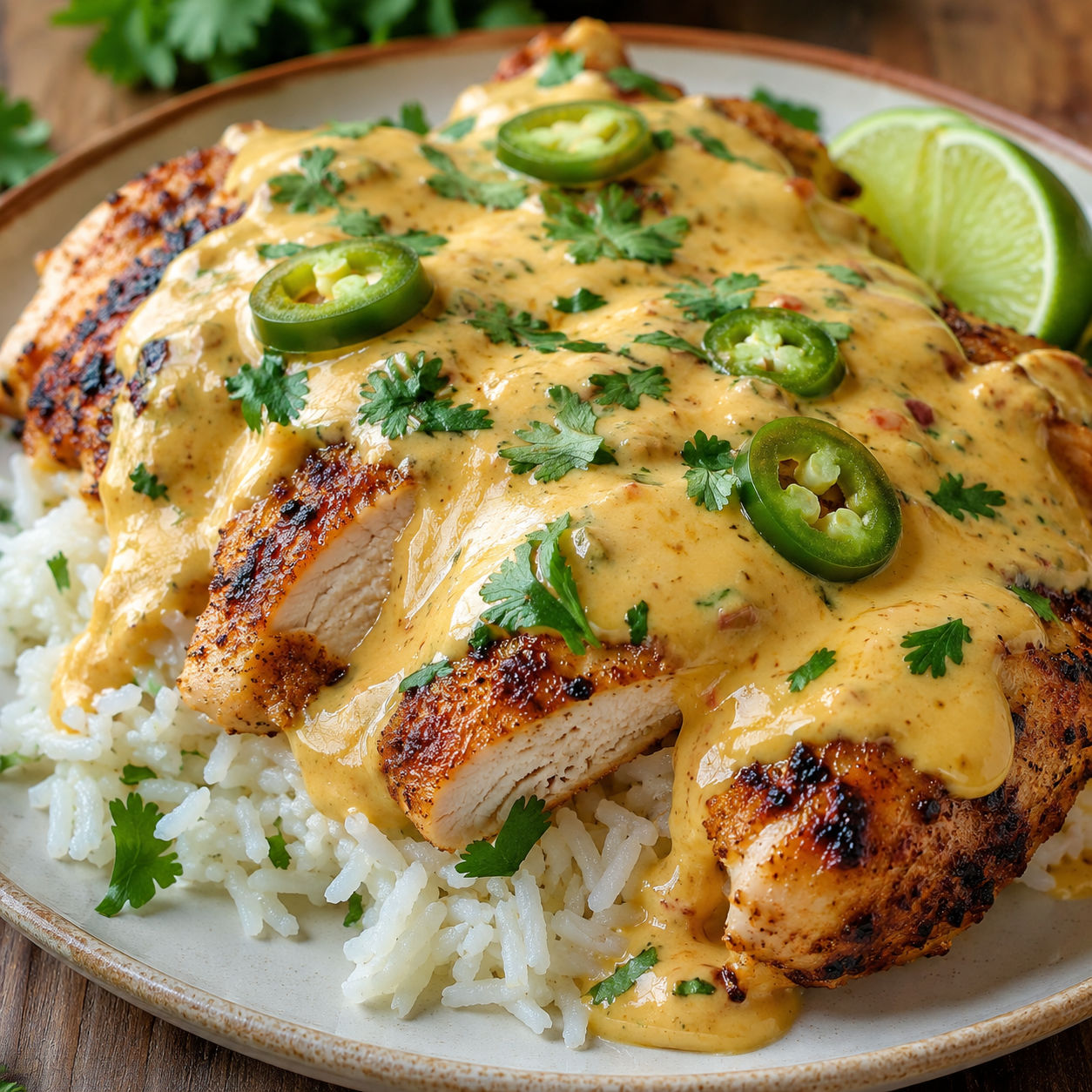 Mexican chicken with creamy cheese sauce over rice with cilantro and lime