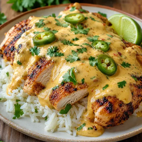 Mexican chicken with creamy cheese sauce over rice with cilantro and lime