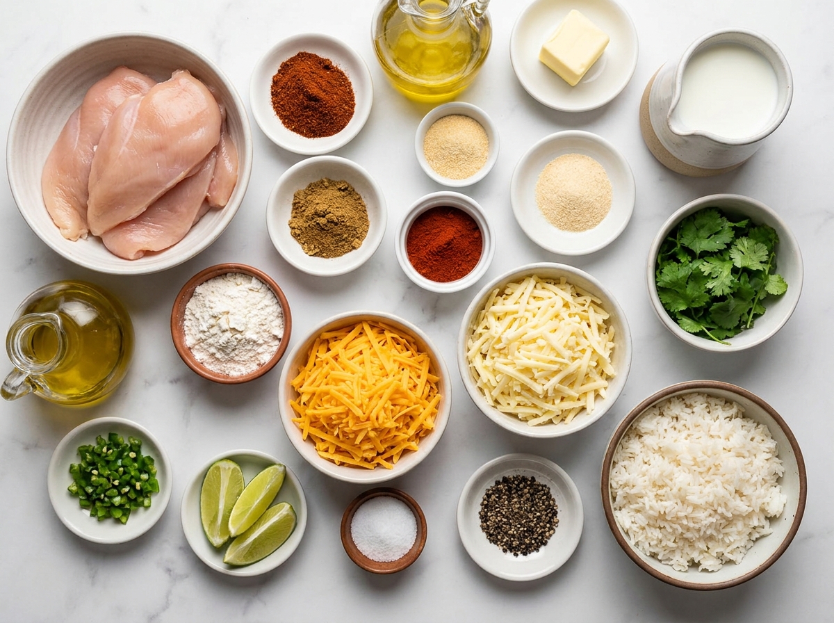 Raw ingredients for Mexican chicken with creamy cheese sauce on a wooden surface