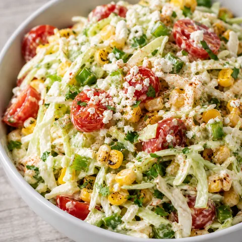 Mexican coleslaw with tomato, corn, jalapeno, and Cotija cheese in a white bowl