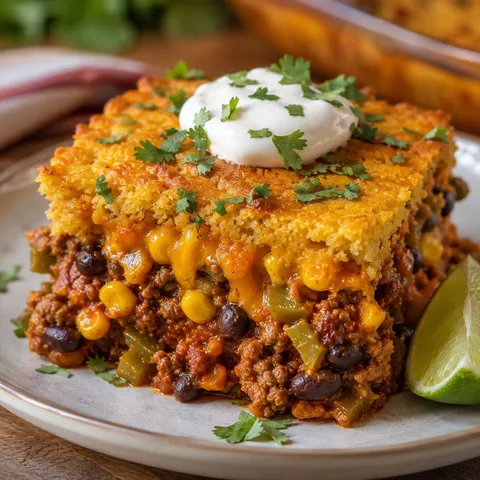 Mexican hot tamale pie slice with sour cream and cilantro