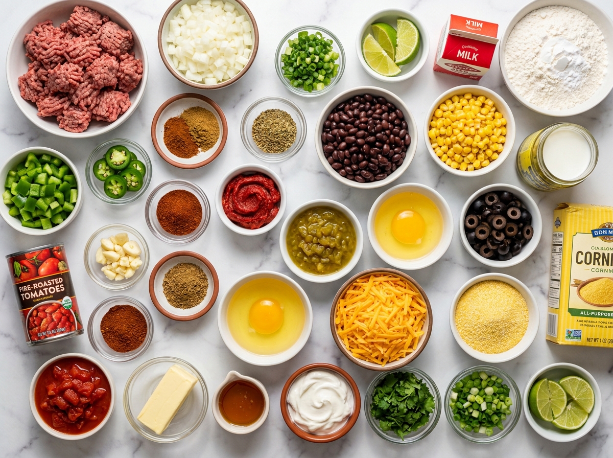 Ingredients for Mexican hot tamale pie with cornbread topping