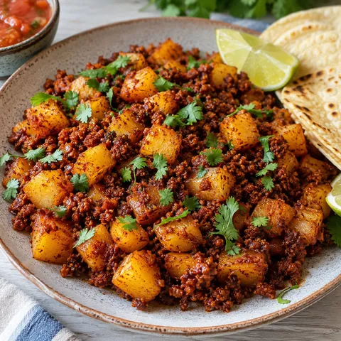 Mexican papas con chorizo with cilantro, lime, and warm tortillas