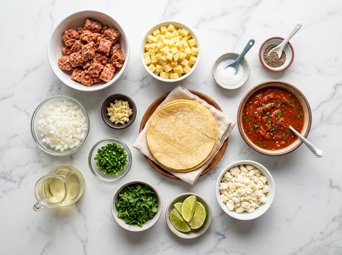 Ingredients for papas con chorizo with potatoes, chorizo, tortillas, and lime