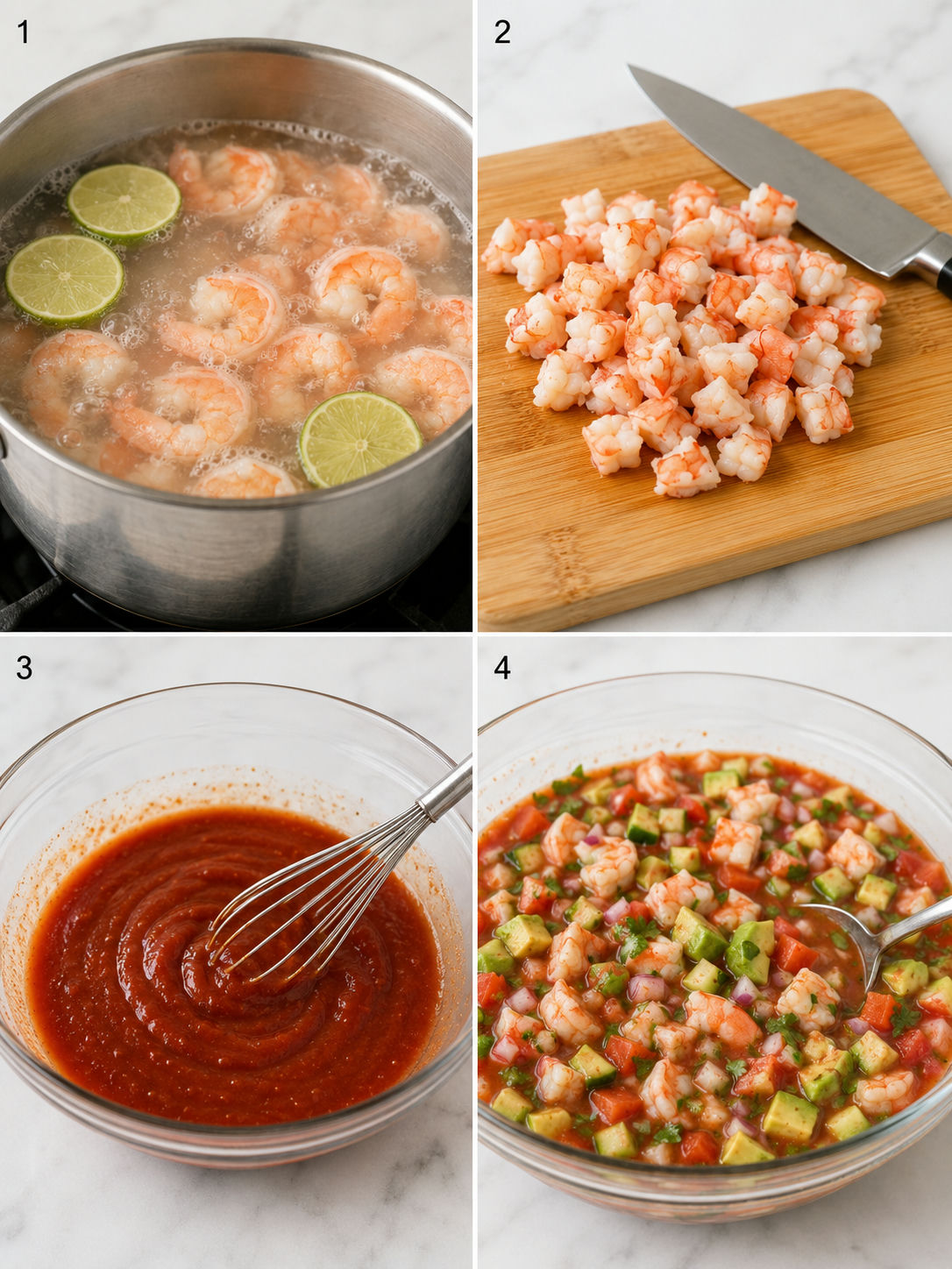 Four cooking steps for Mexican shrimp cocktail from poaching to mixing