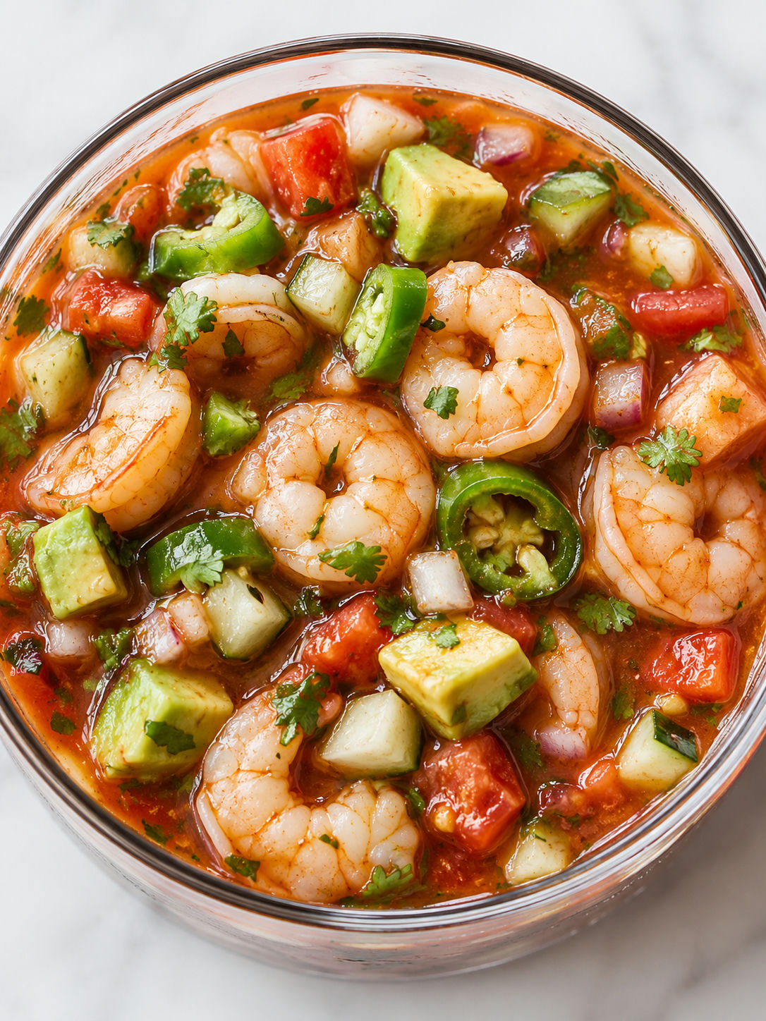 Mexican shrimp cocktail in red sauce with avocado, lime, and tostadas