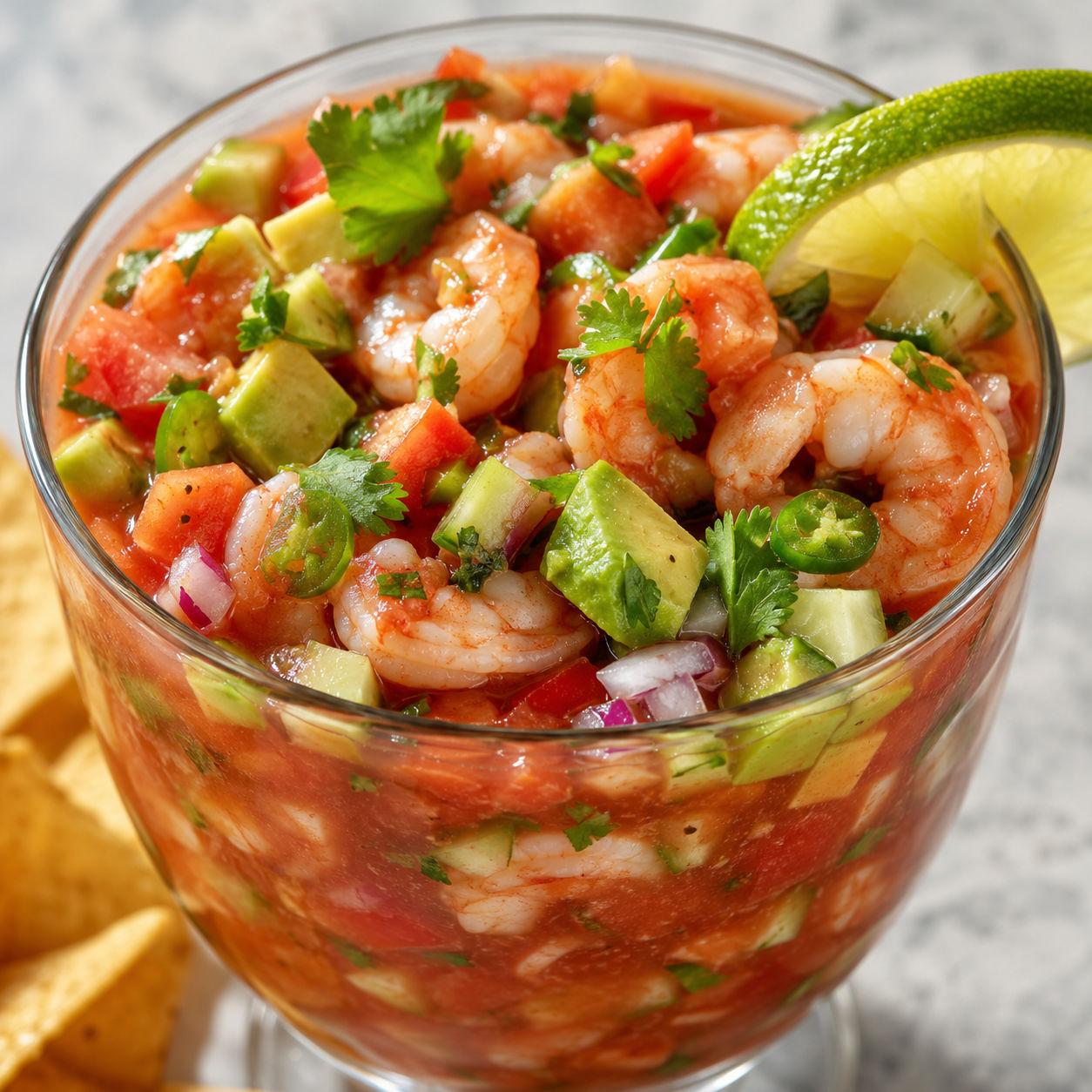 Mexican shrimp cocktail with avocado, cilantro, lime, and tortilla chips