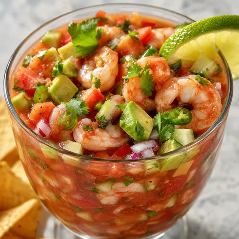 Mexican shrimp cocktail with avocado, cilantro, lime, and tortilla chips