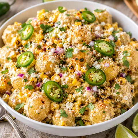 Mexican street corn potato salad with cotija, cilantro, and charred corn