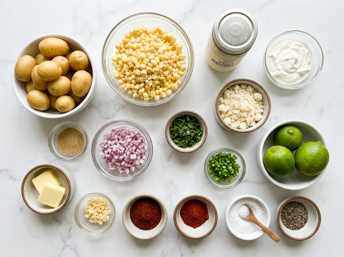 Ingredients for Mexican street corn potato salad with potatoes, corn, lime, and cotija
