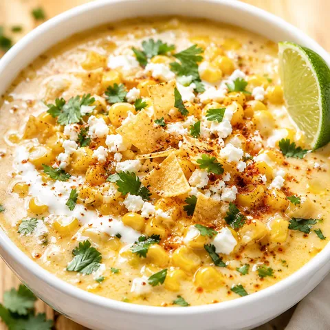 Mexican Street Corn Soup with cotija, crema, cilantro, and tortilla chips
