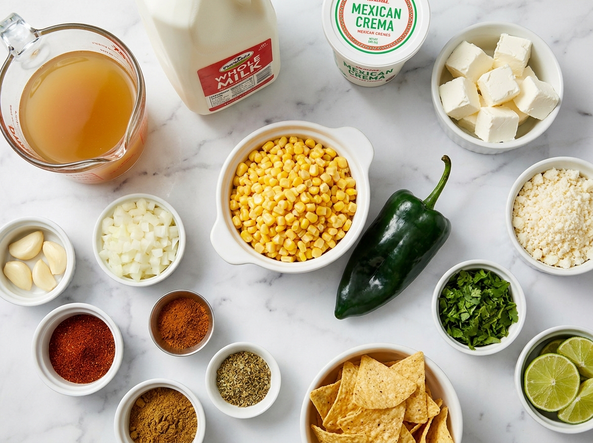 Ingredients for Mexican Street Corn Soup with corn, poblano, cotija, lime, and crema