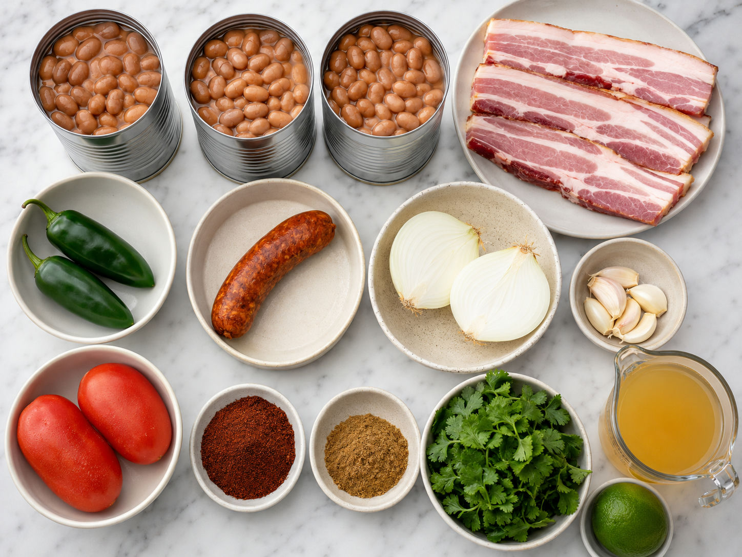 Raw ingredients for Mexican style chili beans arranged on a wooden board