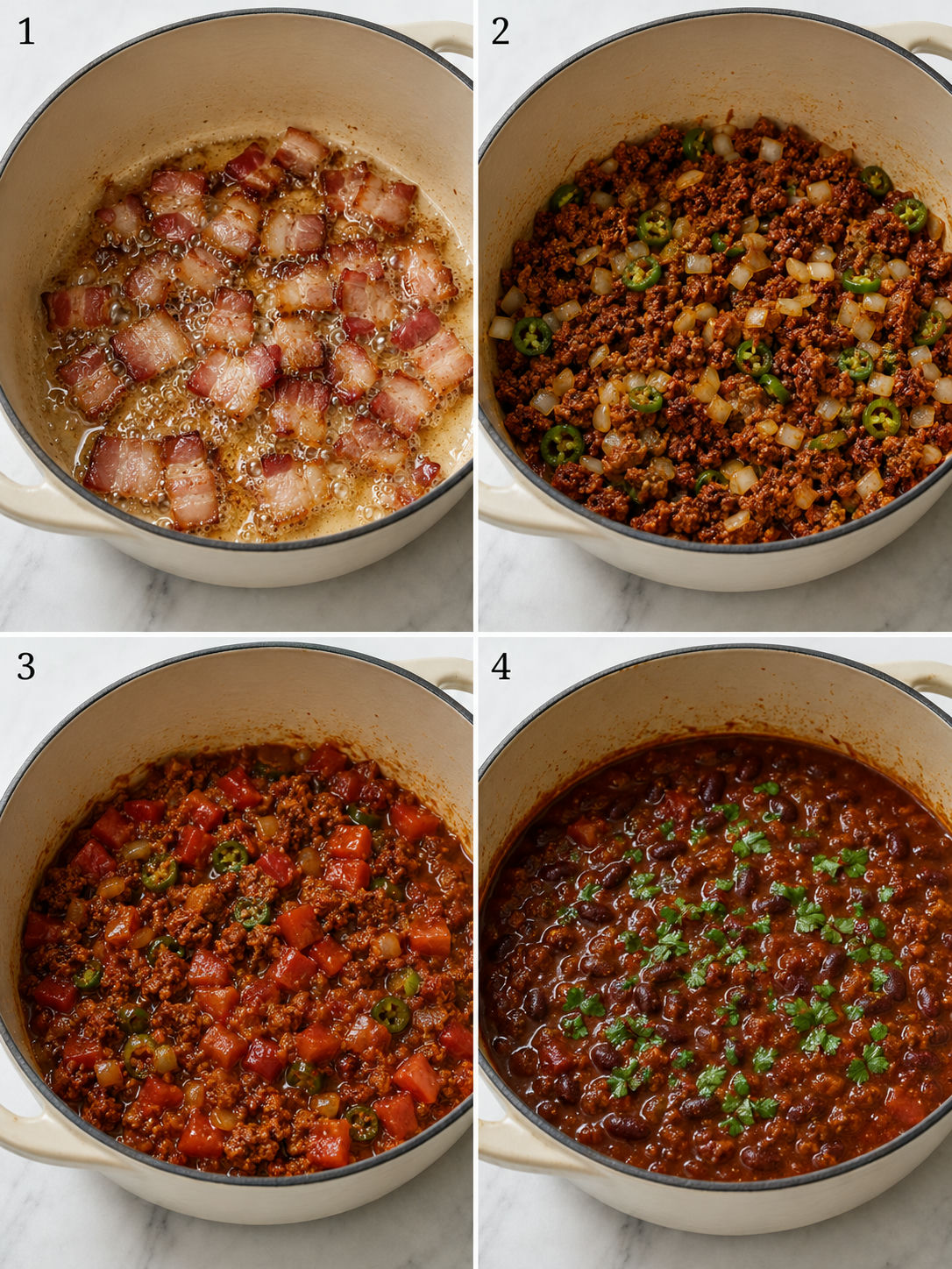 Four cooking steps for Mexican style chili beans from bacon rendering to finished pot