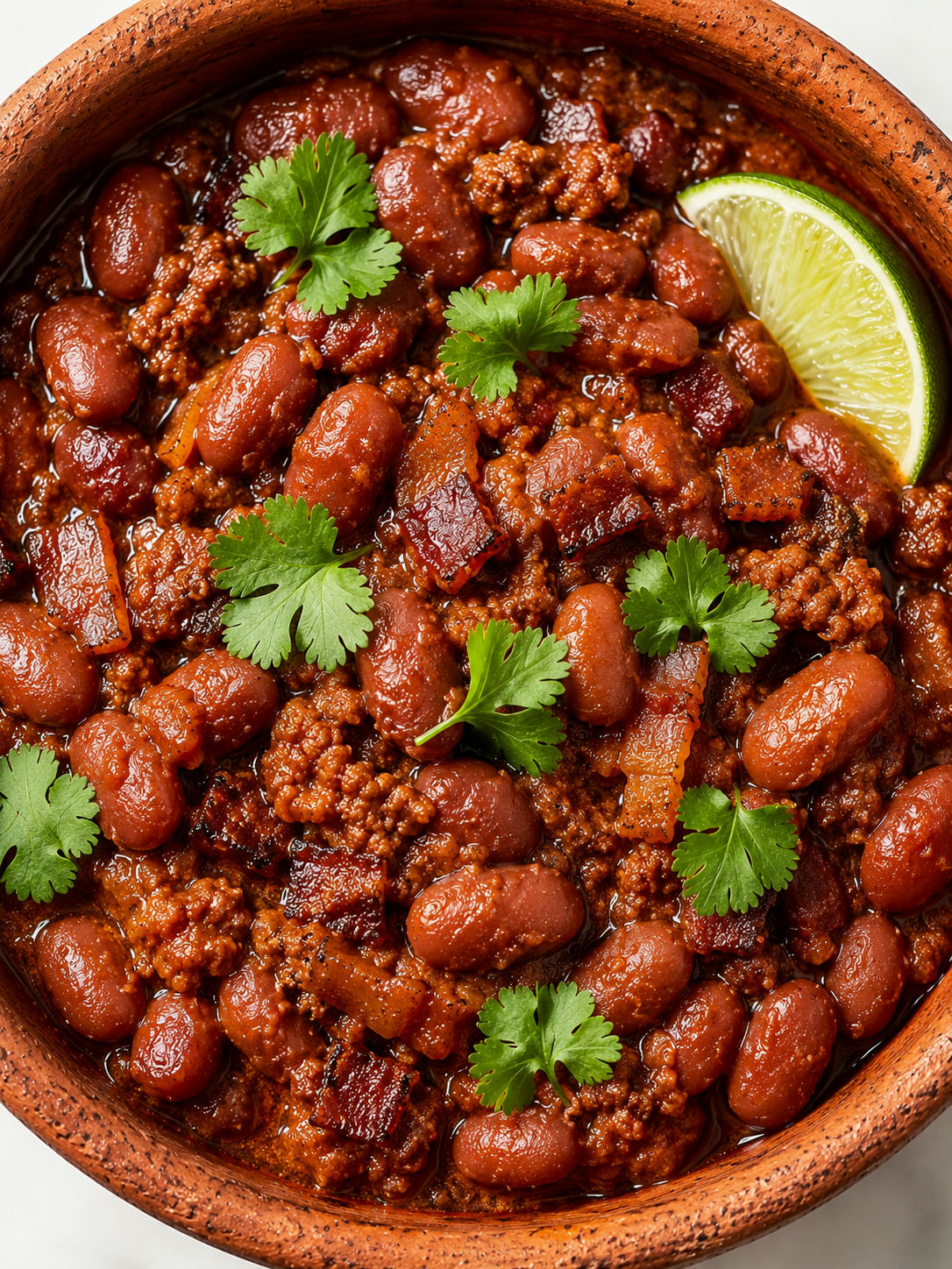 Overhead bowl of Mexican style chili beans with chorizo, cilantro, and lime