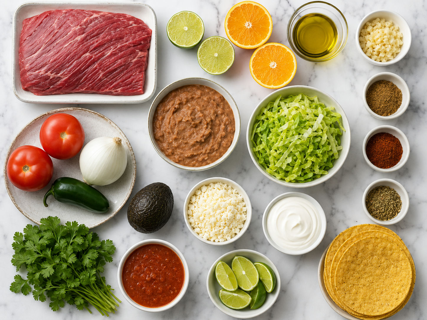 Ingredients for carne asada tostadas with steak, tostada shells, beans, and toppings