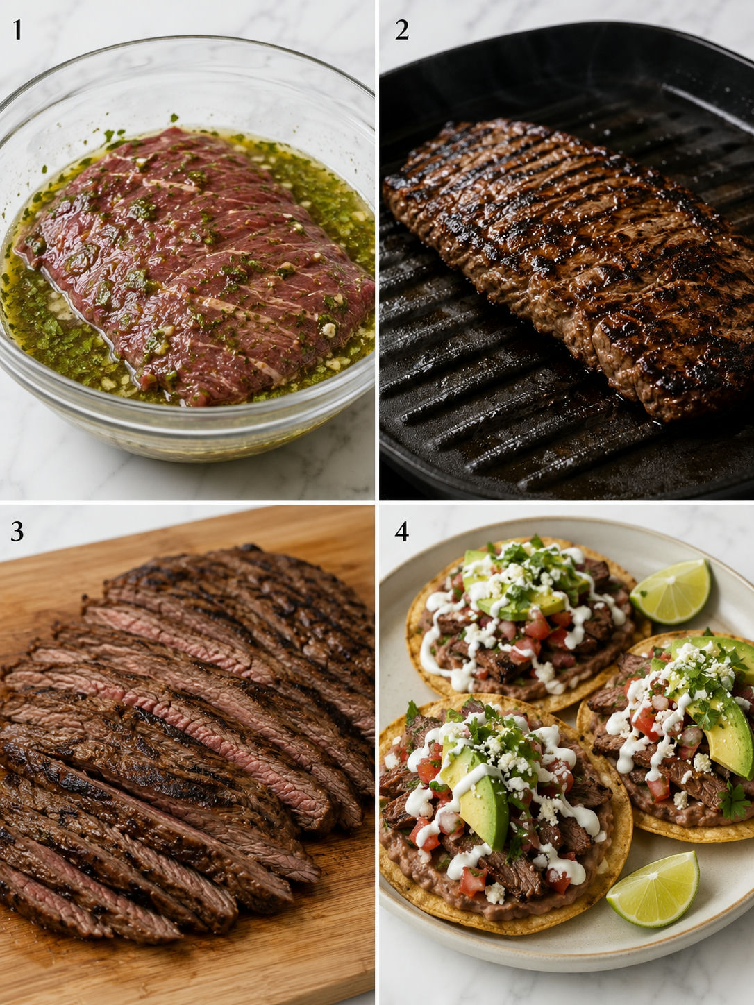 Steps for marinating, grilling, slicing, and assembling carne asada tostadas