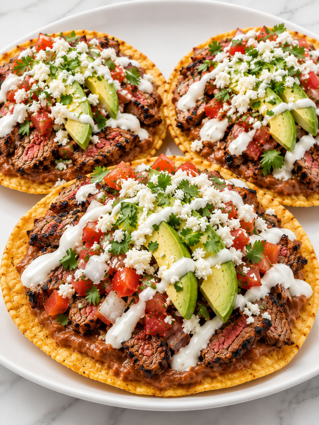 Mexican carne asada tostadas topped with avocado, pico, crema, and cotija