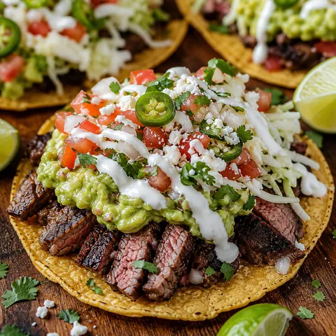 Carne asada tostadas with flank steak, guacamole, pico, crema, and lime