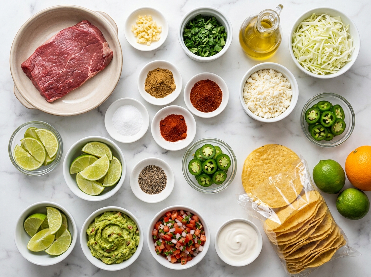 Raw flank steak, tostada shells, citrus, spices, guacamole, and fresh toppings