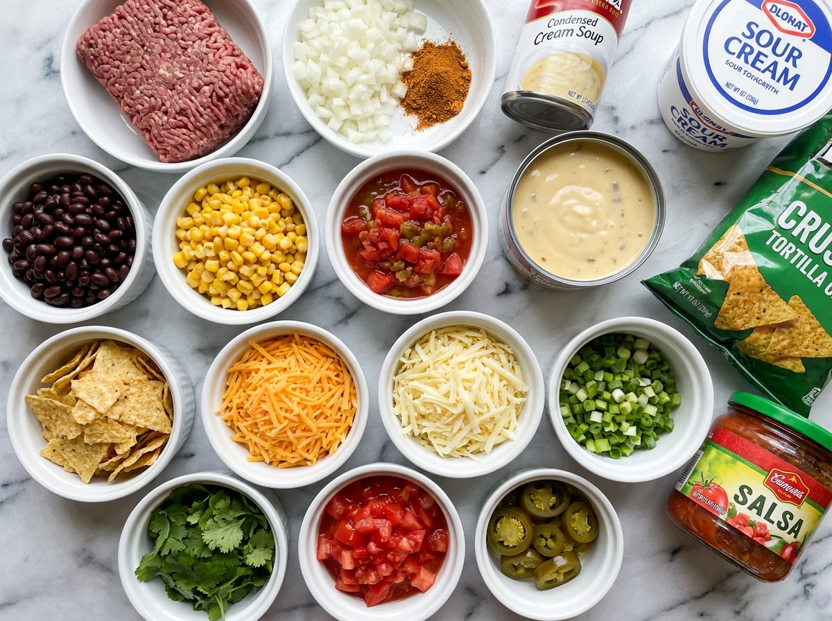 Ingredients for Mexican White Trash Casserole with beef, chips, beans, and cheese