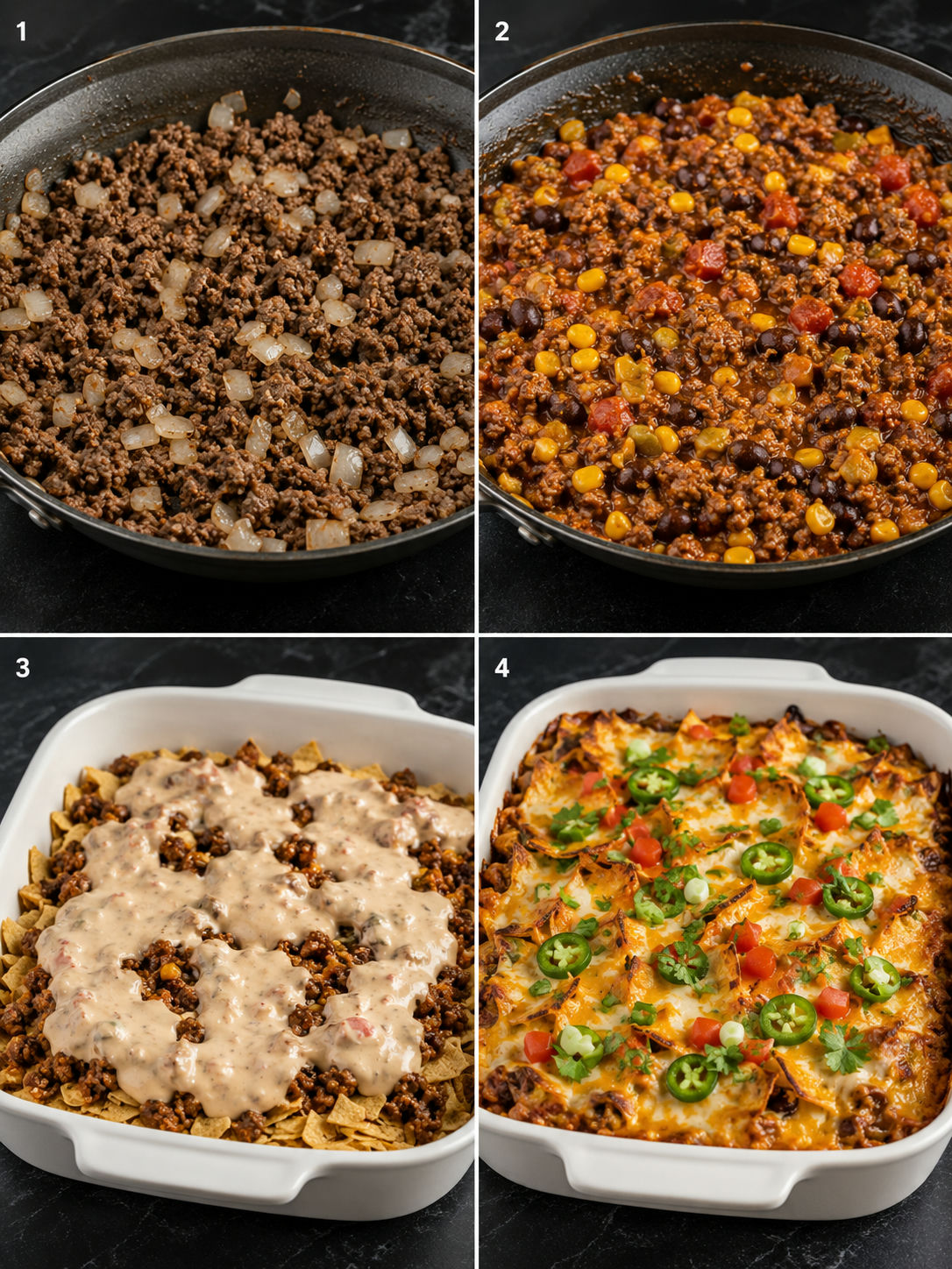 Four steps for making Mexican White Trash Casserole with beef, chips, and cheese