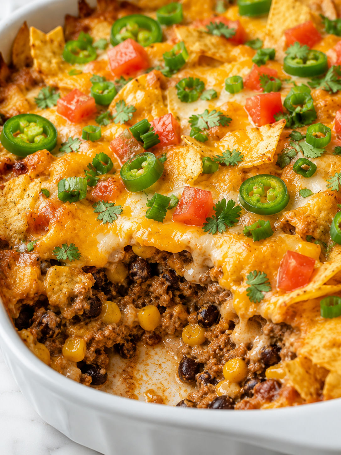 Cheesy Mexican White Trash Casserole scoop with beef, beans, chips, and toppings