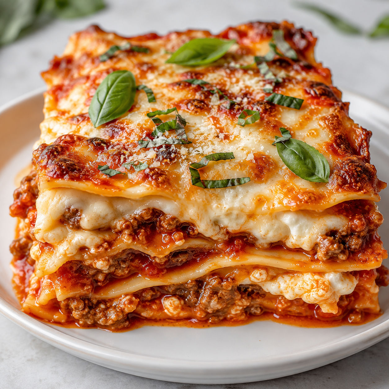 Million Dollar Italian lasagna slice with meat sauce and melted cheese