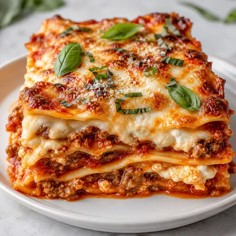 Million Dollar Italian lasagna slice with meat sauce and melted cheese