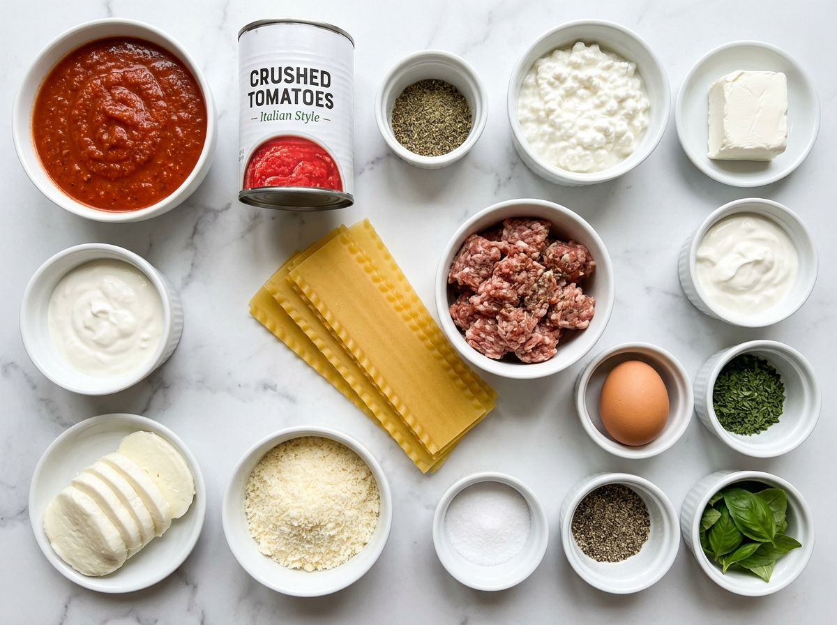 Ingredients for million dollar Italian lasagna with cheeses and sauce