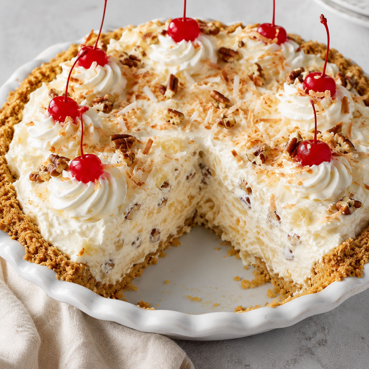 Million Dollar Pie with cherries, coconut, pecans, and a creamy slice