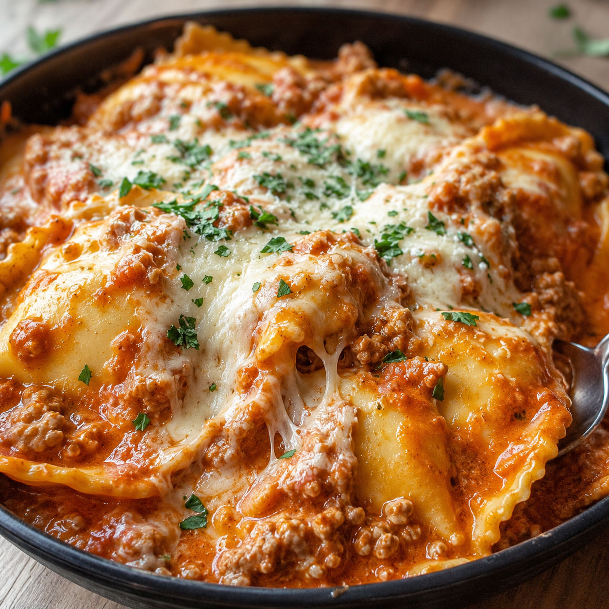Million Dollar Ravioli with meat sauce, melted mozzarella, and parsley