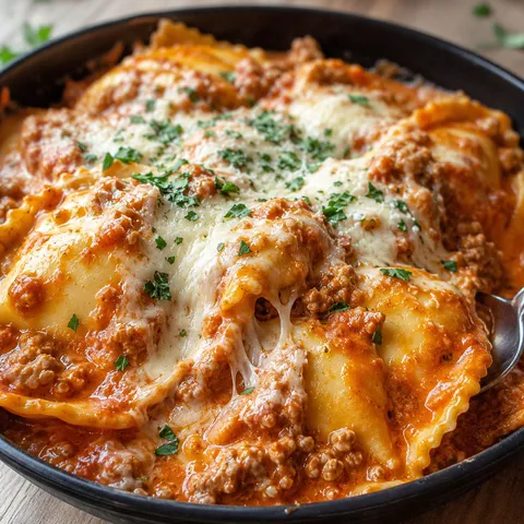 Million Dollar Ravioli with meat sauce, melted mozzarella, and parsley