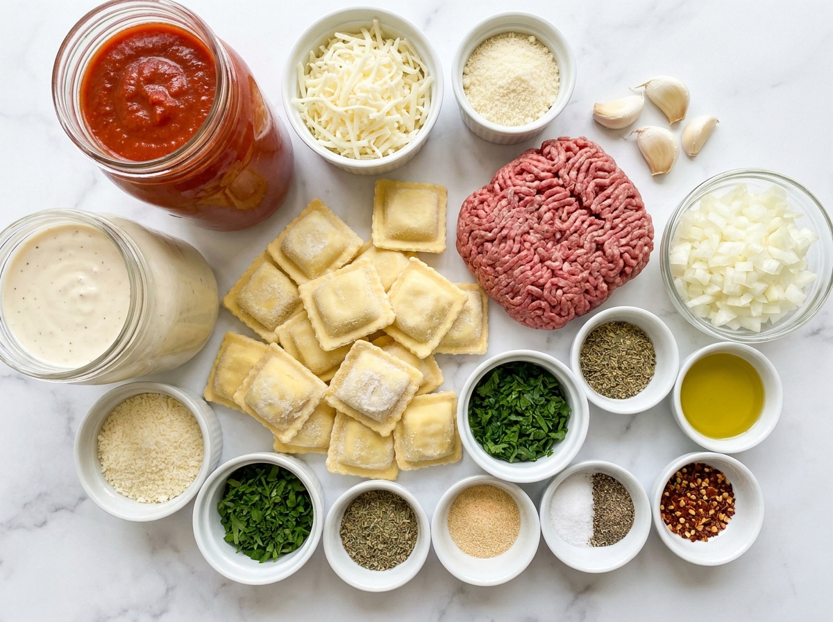 Ingredients for Million Dollar Ravioli with beef, sauces, ravioli, and cheese