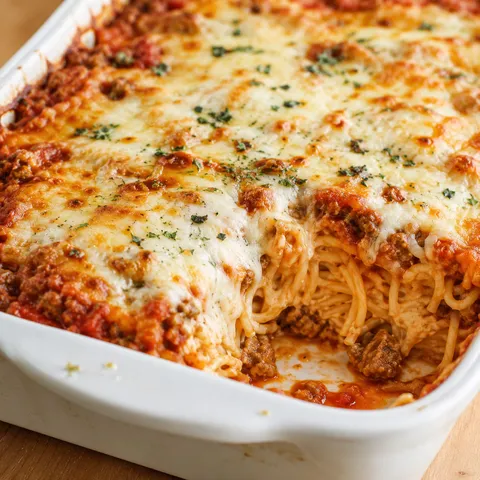 Baked million dollar spaghetti casserole with melted mozzarella and meat sauce