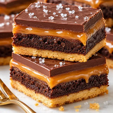 Millionaire shortbread brownie bars with caramel and chocolate layers