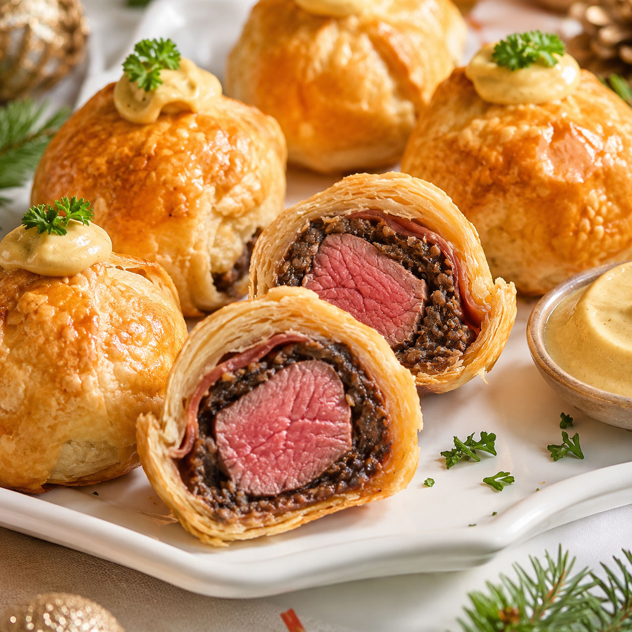 Mini beef Wellingtons with golden pastry, pink beef, mushrooms, and parsley